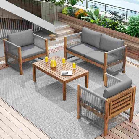 Salon de jardin en acacia et corde, canapé 2 places, 2 fauteuils, table et coussins gris (1/5)