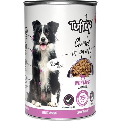 Comida húmeda para perros TufTuf, cordero, lata de 415 g, trozos de carne. (1/2)