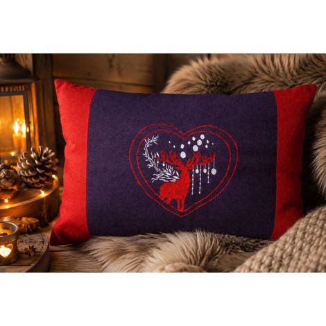 Coussin déhoussable 40 X 60 en laine brodé cerf - 40x60cm - Aubergine (1/2)