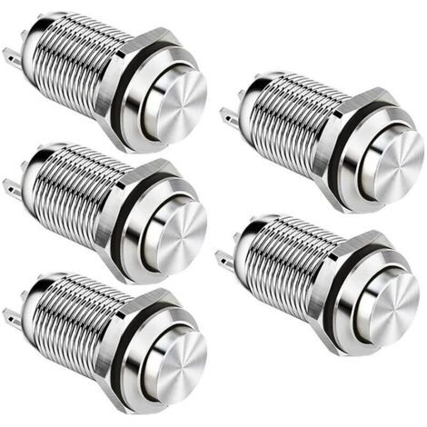 12mm Interrupteur à Bouton Poussoir Momentané étanche en Métal Interrupteurs à Bouton Poussoir SPST NO Interrupteur Momentané 2A 12V/24V/125V/250V 5 Pack(Haute Tête) - (1/5)