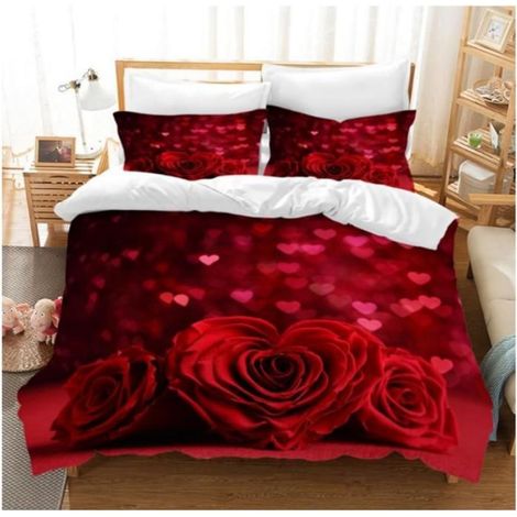Parure de lit 3D Housse de Couette et 2 taies d'oreiller en Microfibre avec Fermeture éclair Roses en cœur,200x200 cm - 2D6 (1/3)