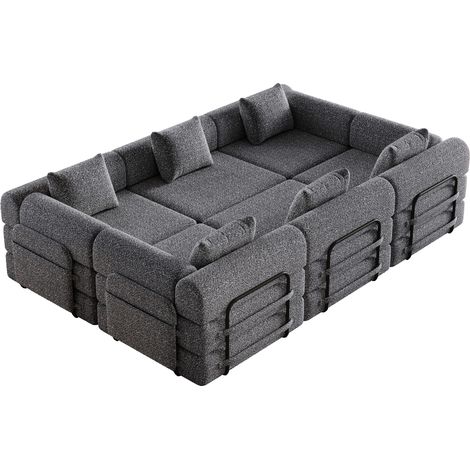 Sofá cama modular de chenilla gris con almacenaje en el reposabrazos y estructura metálica (1/5)