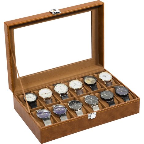 Boîte à Montres 12 Compartiments, Coffret à Montres en PU, Couvercle en Verre, Coffret de Rangement pour Montres, Doublure en Velours Marron, Idée Cadeau (1/5)