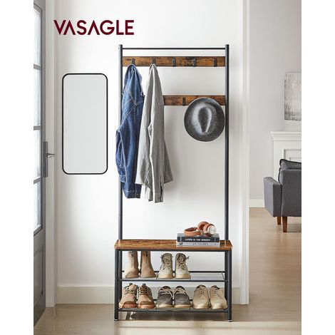 VASAGLE Appendiabiti, Armadio d'ingresso, Spogliatoio, Stand appendiabiti, con Panca e Scarpe, Ganci, Telaio in metallo, Altezza 175 cm, Stile Industriale, Marrone Rustico e Nero HSR41BX (1/10)