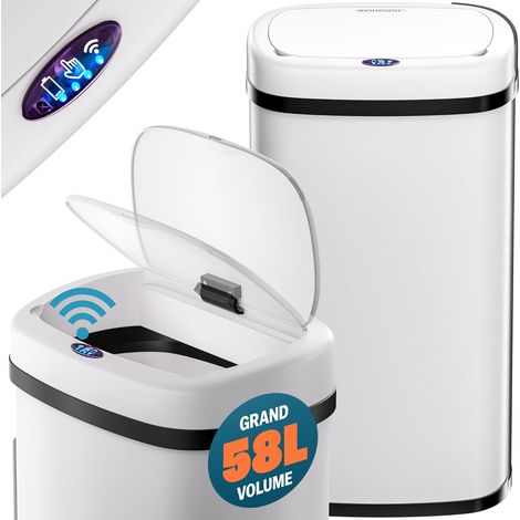 Poubelle automatique 58 L – Acier inoxydable blanc crème – Capteur de mouvement – Fermeture silencieuse – USB/batterie – Affichage LED – Cuisine/bureau (1/4)