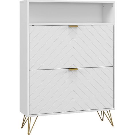 12 Pair Shoe Storage Cabinet with Chevron Design and Gold Accents - Stylish White Organizer for Home