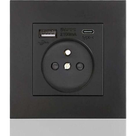 Panel de enchufes francés de 16 A tipo 86 – 2 enchufes + 1 USB + 1 USB tipo C – Instalación horizontal/vertical – Seguro y firme, cuadrado negro - USB16A-Crezuo