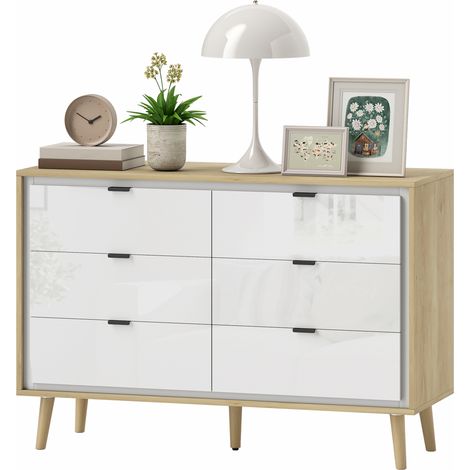 HOMCOM Comò con 6 Cassetti in Legno 110x40x75 cm Bianco Lucido e Rovere