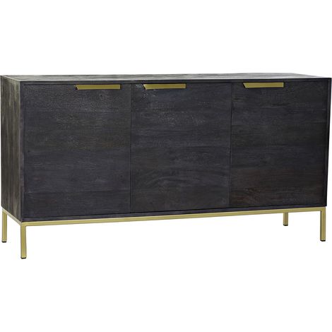 Buffet meuble de rangement en bois de manguier coloris noir/doré - Longueur 145 x Hauteur 77 x Profondeur 43 cm -PEGANE- (1/4)