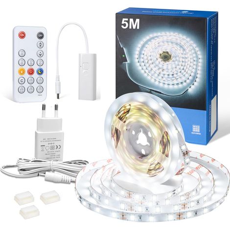 Bande LED 5 m - Blanc froid - Intensité variable - 6000 K - Avec télécommande RF - 300 LED - Avec bloc d'alimentation 12 V - Pour miroir, cuisine, sous-placard, chambre (1/5)
