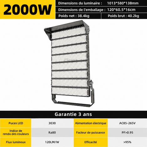 Projecteur LED stade 8 modules 2000W lumière blanche ultra lumineuse IP65 220V noir 2000w 1 g – Livraison gratuite