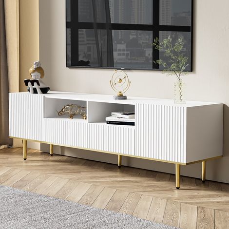 Mobile TV 165 cm, con 2 porte, 2 cassetti, piedi in metallo dorato, strisce verticali, stile scandinavo, mobile da soggiorno in legno - Bianco
