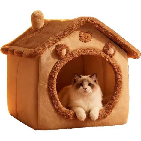 Nid pour chat, chenil lavable, nid pour chat chaud et confortable, nid pour chat pliable confortable, chenil pour chien avec coussin amovible (S, marron) (1/5)