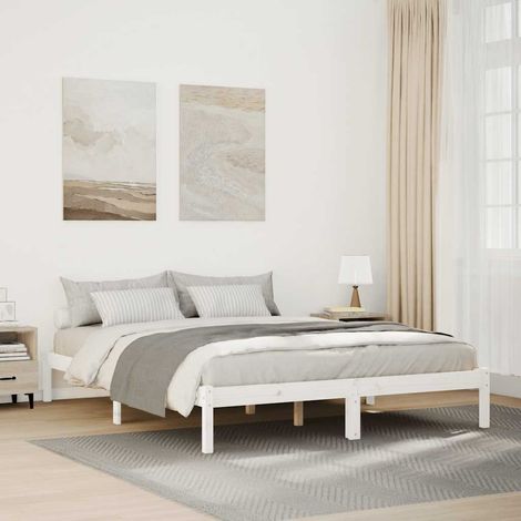 Cadre de lit extra-long 160 x 210 cm en pin massif blanc avec sommier à lattes, sans matelas - PANGIVO (1/5)