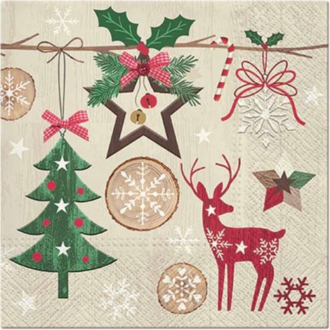 Lot de 20 Serviettes en Papier "Noël Rustique" 33x33cm Naturel
