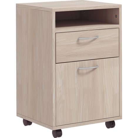 Caisson roulant de bureau avec tiroir, armoire et compartiment pour dossiers suspendus et documents, 40 x 35 x 60 cm, chêne (1/5)