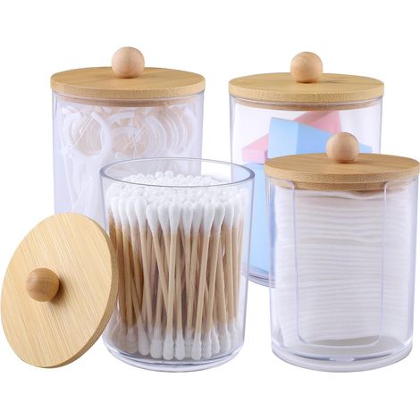 Boîte De Rangement Coton Tige - Lot De 4 - Acrylique Et Bambou - Design U Et Rond - Pour Salle De Bain - Transparent (1/5)