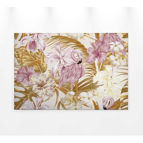 Tableau jungle avec flamant rose & fleur hibiscus | Tableau sur toile été idéal salle de bain & chambre | Tableau tropical vert & rose 0,9 x 0,6 m (1/5)