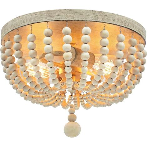 Lustre en perles de bois pour maison de campagne, suspension bohème double style rural, plafonnier semi-encastré pour chambre de fille, salon, entrée, chambre de bébé, chêne (1/5)