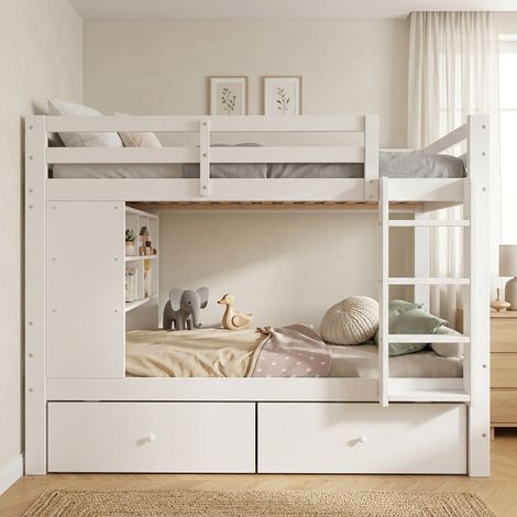 Lit superposé bois 90x200cm blanc, avec 2 tiroirs étagères et échelle barrière de sécurité - Grand Lit Surélevé Moderne - Gain de Place pour Ado et Adulte