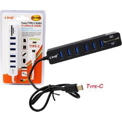 Linq - Hub Porta Type-c A 6 Porte Usb2.0 Con Lettore Di Schede Integrato Sd Tf Tpc-h909 - (1/2)