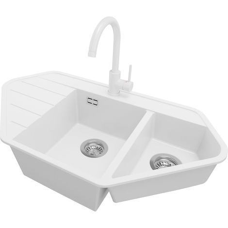 PRIMAGRAN Evier d'angle en Granit 90x50cm, Lavabo Cuisine 1,5 bacs + Kit de Vidage + Accessoire, Évier à Encastrer au meuble 80cm - Copenhague Corner, Blanc