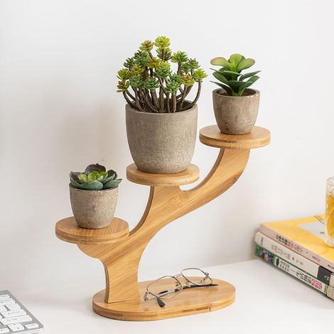Étagère à plantes en bambou 3 niveaux – Présentoir compact pour cactus, succulentes et petites plantes, rangement décoratif pour intérieur et bureau (1/5)