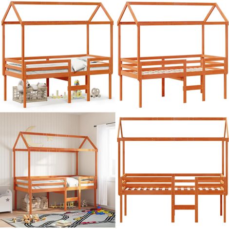 Hochbett mit Dach Wachsbraun 80x200 cm Massivholz Kiefer - Kinderbett - Hochbett - Holzbett - Kiefernholzbett - Jugendzimmer - Home & Living (1/5)