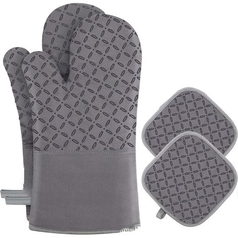 Lot de 4 Gant Four Maniques Cuisine - Gant Four Anti Chaleur Jusqu'à 300 °C, Gants en Silicone Antidérapantes, en Coton Doux, 32cm Longs et Flexibles en Gant de Cuisine, Gris (1/5)