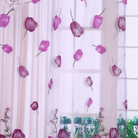 Voile de fenêtre 100x200cm imprimé tulipe, rideau léger violet pour balcon, décoration murale, voilage transparent (1/5)