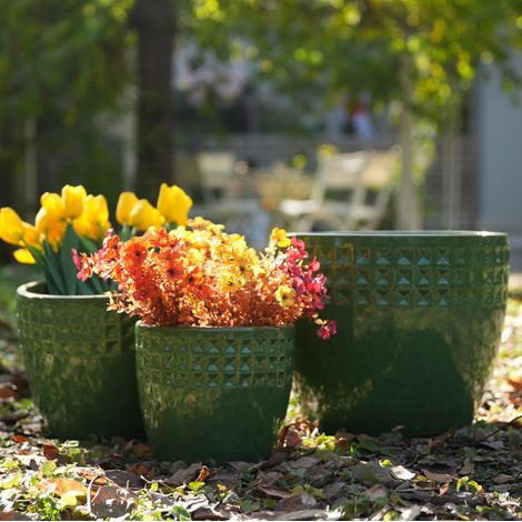 Set 3 pots à fleurs Ø38,1/30,5/22,9 cm céramique vert, drainage, pratique au quotidien – MEUBLIV (1/5)