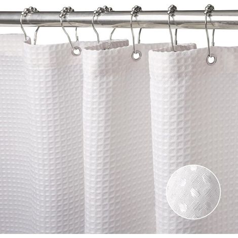 180x180CM (White) Waffle Shower Curtain with Metal Rings, Anti-Mold Bathtub Shower Curtain, Sturdy Fabric Bathroom Curtain for Bathtub