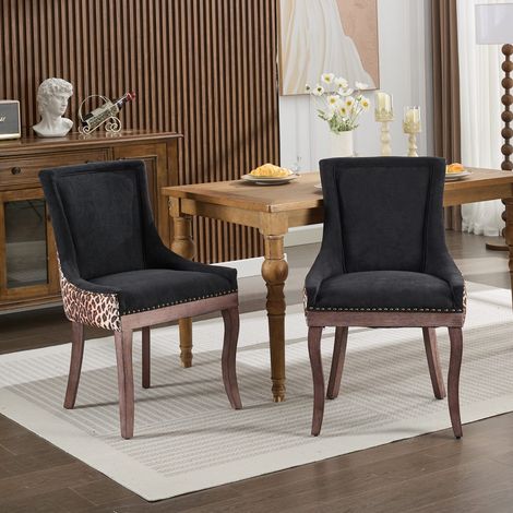 Lot de 2 Chaises de Salle à Manger en Chenille Noir - Pieds en Bois Massif et Rivets Bronze - Style Mid-Century (1/5)