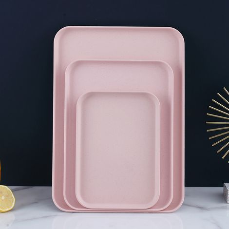 Rechteckiges Serviertablett aus Weizenstroh, nordischer Stil, für Cupcakes, Obst oder Snacks, ideal für Zuhause, Büro oder Restaurant, rosa Farbe, Maße 31x22,5 cm. (1/5)