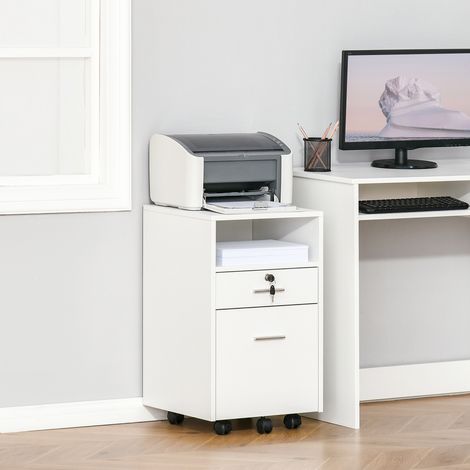 Archivador de oficina con 2 cajones, 5 ruedas y estante abierto, cajonera con cerradura y 2 llaves para formato carta/A4, armario vertical para estudio, 39x40x65 cm, blanco