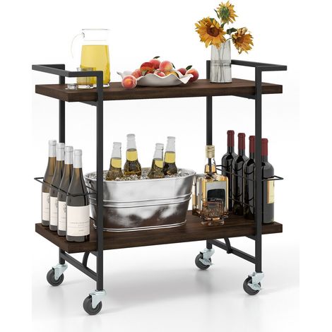 2-tier Home Bar Cart Kitchen Dining Storage Mobile Cart w/Lockable Wheel (1/5)