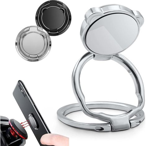 2 Pices (noir + Argent) Anneau Support Tlphone, Support De Bague Tlphone Portable  Rotation  360 ,support De Tlphone De Voiture Aimant En Alliage (1/5)