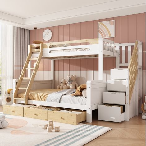Letto a castello 90x200/140x200 cm bianco e naturale con scala contenitore e 3 cassetti (1/5)