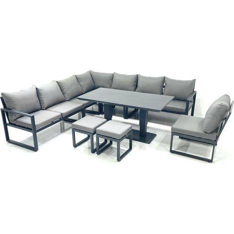 Fimous 10 Seater Outdoor Aluminum Garden Furniture Set Corner Sofa 2 Small Footstools Rising Lifting Dining Table Sets Dark Grey (1/5)