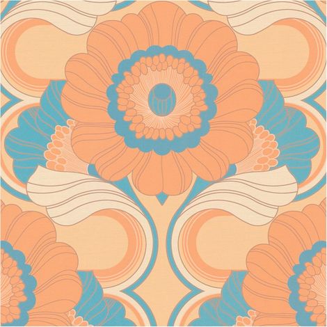 Retro Tapete Profhome 395302 heißgeprägte Vliestapete leicht strukturiert mit Blumen-Muster matt beige lachs-orange türkis-blau pastell-gelb 4,5 m2