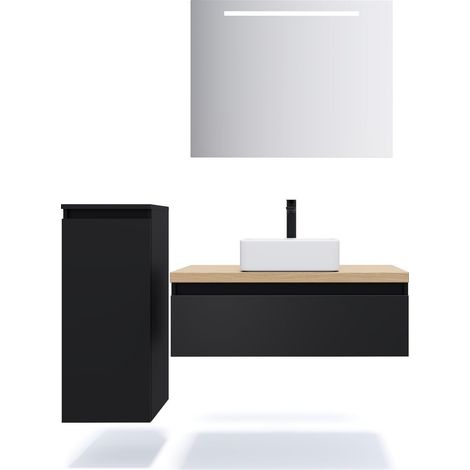 Meuble de salle de bain suspendu vasque à poser 90cm 1 tiroir Noir + miroir + colonne ouverture gauche - Hudson (1/5)