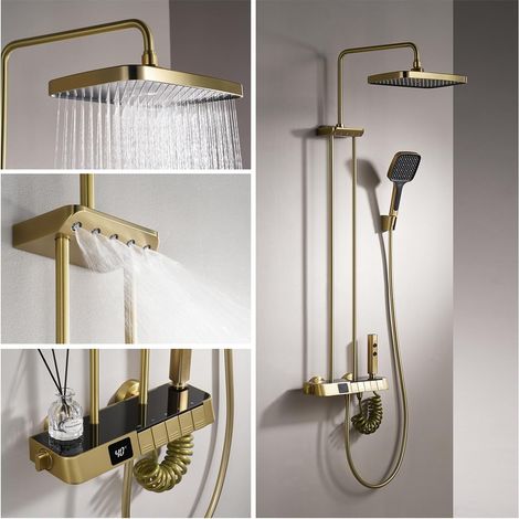 Colonne de Douche Thermostatique avec Mitigeur, Système de Douche Laiton Or Brossé avec Affichage de la Température, Ensemble de Douche Montage Mural Set de Douche avec Pulvérisateur d'épaule (1/5)