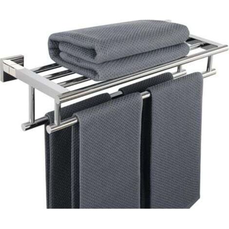 Porte-Serviettes Salle de Bain Porte-Serviettes Mural Double Barres Porte-Serviettes avec Étagère, 60 cm Finition Polie en Acier INOX SUS 304, EGZ8050-C - RWPorte-serviette (1/5)