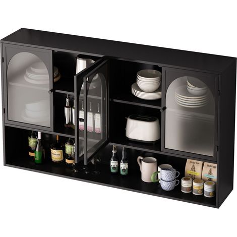 ELVMI Hängeschrank mit 4 Glastüren für Küche und Wohnzimmer, aus Glas und Metall, 120×23×70 cm, Schwarz (1/5)