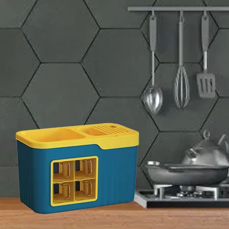 Étagère de rangement pour épices et condiments de cuisine en plastique, multifonctionnelle, avec porte-couteaux et organisateur d'épices, bleue et jaune, 4 compartiments (1/5)