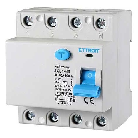 ETTROIT Disjoncteur à courant résiduel pur 4P 40A 6kA 30mA 380V Lifesaver 4 modules DIN JX344061