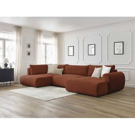 BOBOCHIC - Canapé panoramique convertible coffre LUCIEN gros côtelé doux Angle droit Orange (1/5)