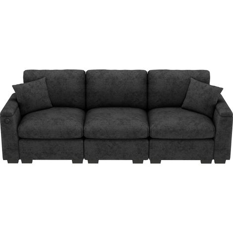Canapé Droit 3 places,Multifonctionnel En Chenille,Avec Port USB et Porte-gobelets,242×80×88 cm,Gris