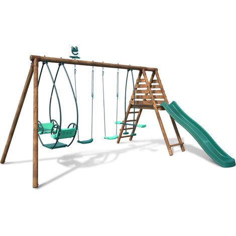 Portique en bois rond 4 agrès avec face à face et toboggan JACINTHE