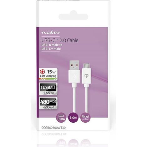 Nedis USB-Kabel / USB 2.0 / USB-A Stecker / USB-C™ Stecker / 15 W / 480 Mbps / Vernickelt / 3.00 m / Rund / PVC / Schwarz / Box